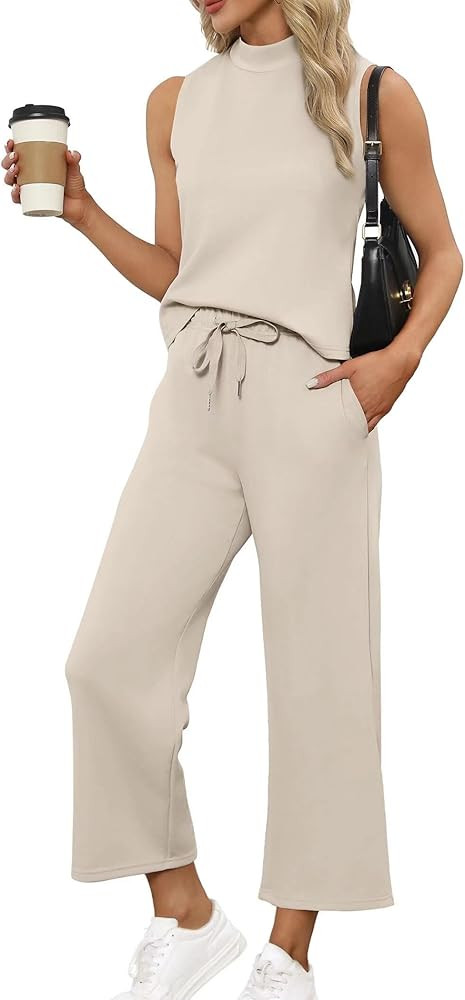 SAMPEEL Two Piece Sets for Women Summer Outfits Lounge Sets Mock Neck Tops Wide Leg Crop Pants Va... | Amazon (CA)