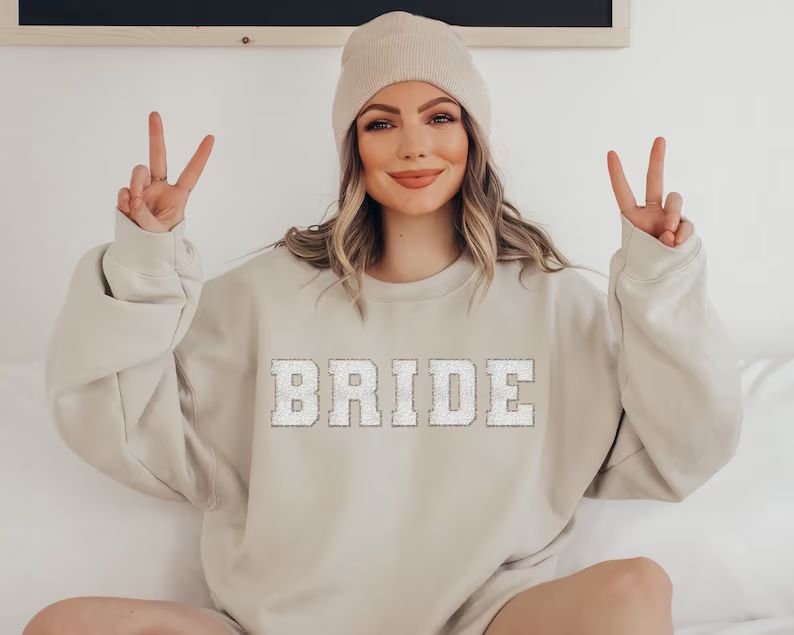 BRIDE Sweatshirt, Printed Faux Chenille Bride Crewneck Sweatshirt, Honeymoon Sweater, Bride Gift,... | Etsy (US)