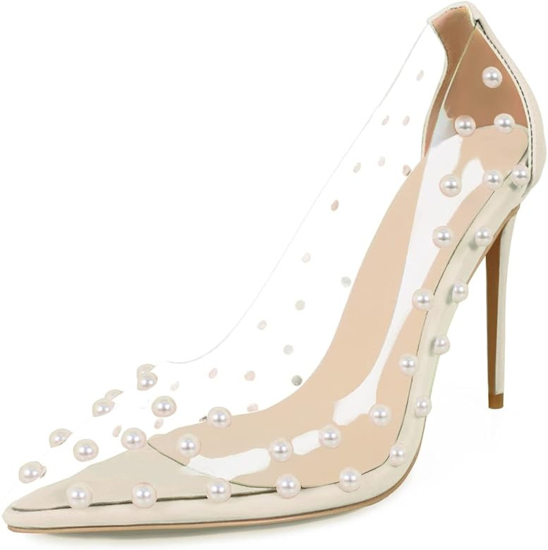 iadore Women's Pumps,11cm Pointed Toe Women High Heel Shoes Fashion Pearl Studded PVC Clear Heels... | Amazon (US)