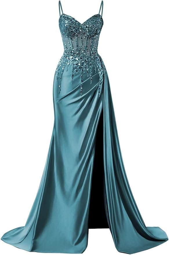 Sparkly Beaded Satin Prom Dresses with Slit Lace Appliques Spaghetti Strap Long Mermaid Evening G... | Amazon (US)