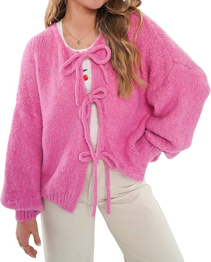 Tie Front Knit Cardigan for Women Loose Fit Lightweight Crew Neck Sweaters Fall Long Sleeve Jacke... | Amazon (US)