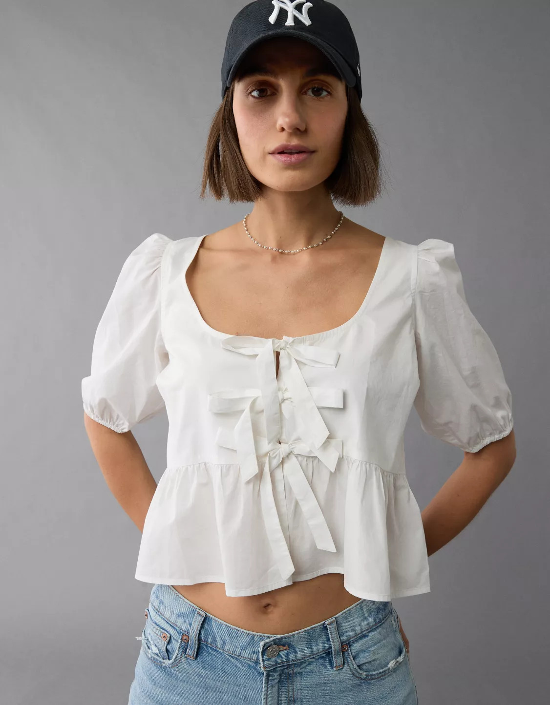 AE Puff Sleeve Tie Front Top | American Eagle Outfitters (US & CA)