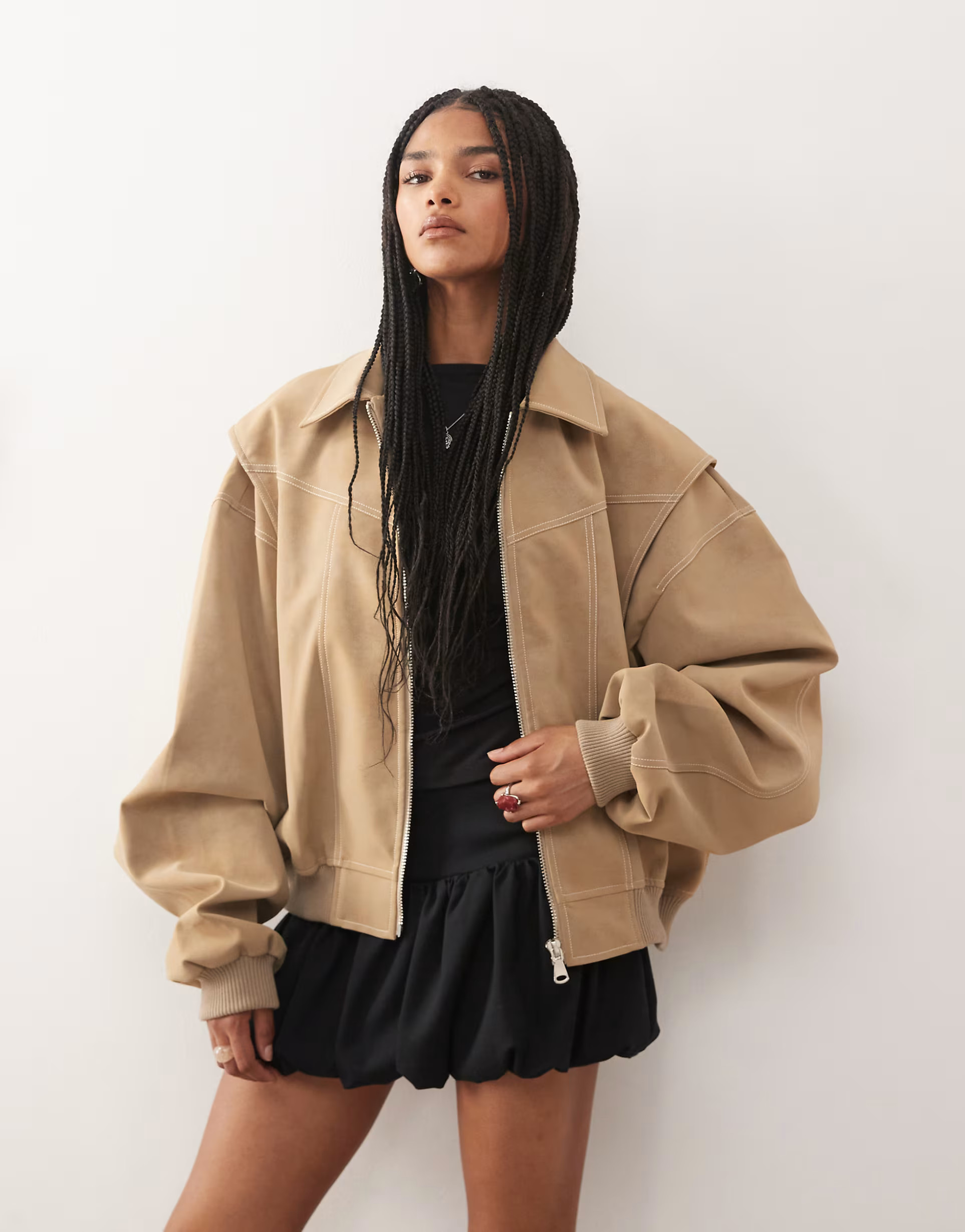 Lioness Exclusive Vista leather look contrast stitch bomber jacket in taupe | ASOS | ASOS (Global)