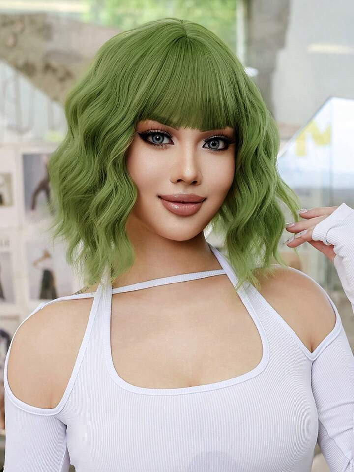 Green Short Curly Bob Wigs With Bangs For Women 12 Inch Synthetic Curly Bob Wig For Girl Natural ... | SHEIN