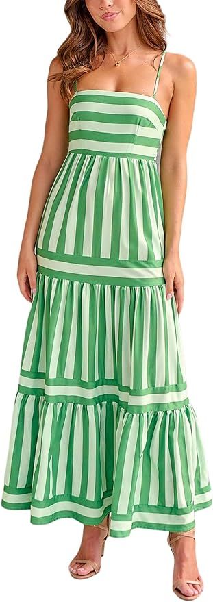 KMBANGI Women Striped Sleeveless Maxi Dress Swing Aline Midi Dress Backless Smocked Spaghetti Str... | Amazon (US)