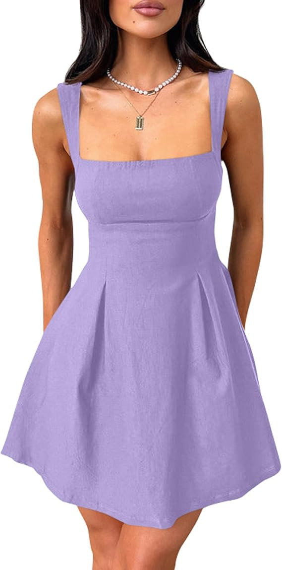 YMDUCH Women's Sexy Sleeveless Square Neck Adjustable Straps Bow Tie A-line Mini Party Club Dress | Amazon (US)