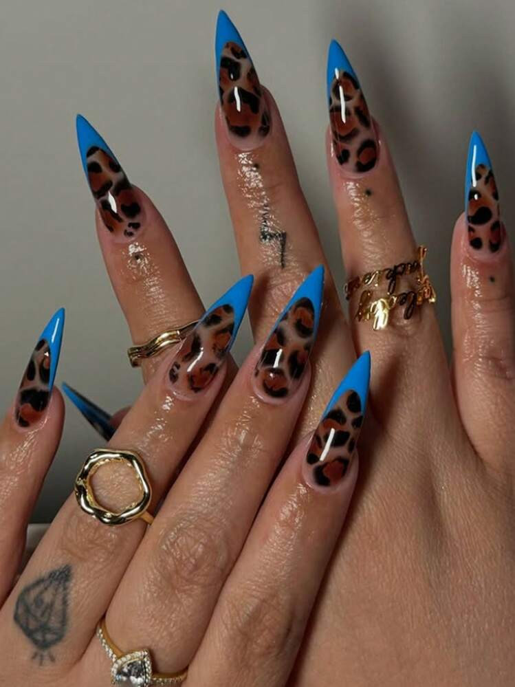 24Pcs/Set Minimalist French Classic Leopard Print Blue Edge Medium-Long Almond Shaped Elegant Gla... | SHEIN