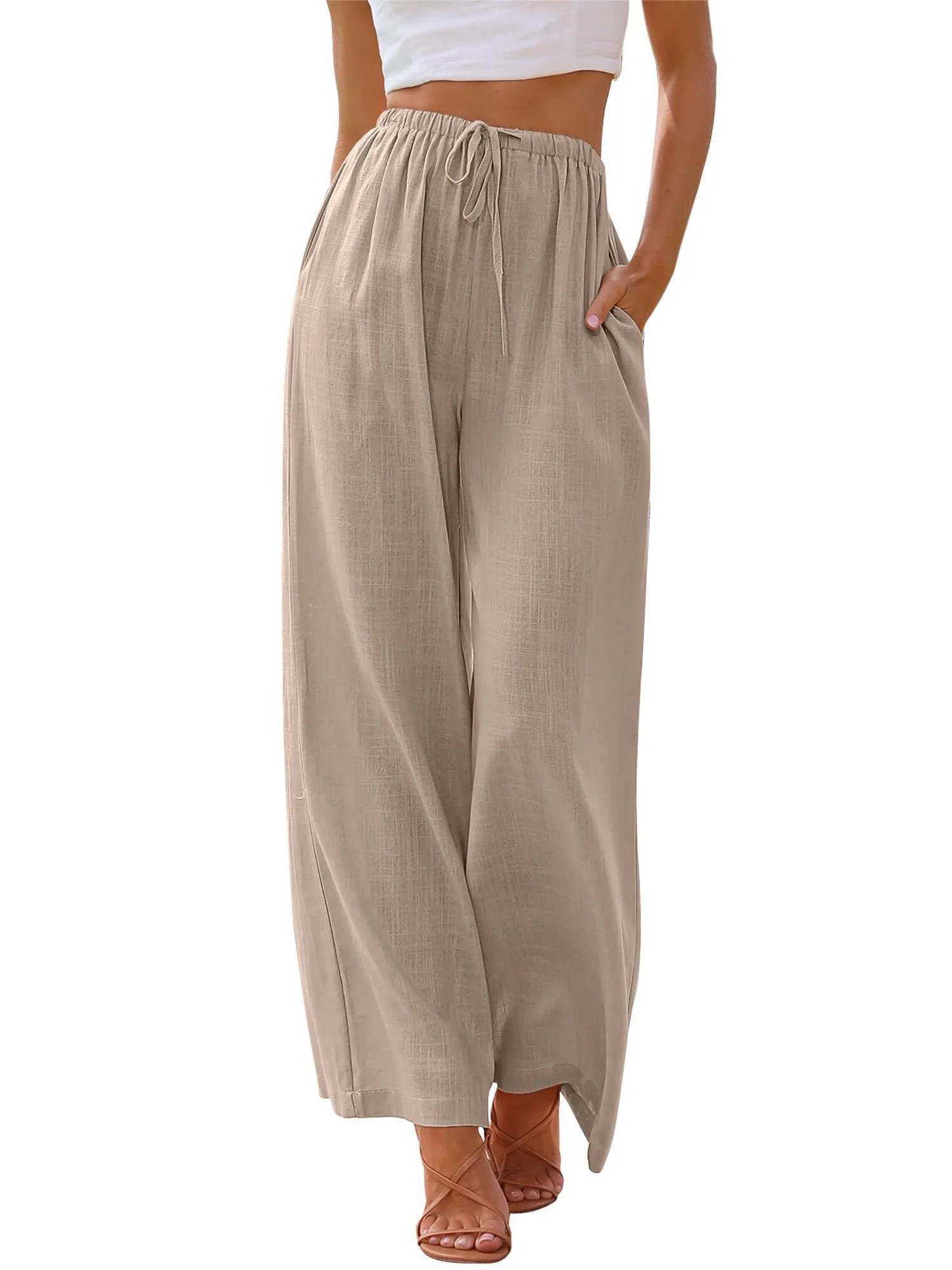 TEMOFON Pants for Women Wide Leg Linen Pant Summer Casual Palazzo Khaki Flowy Pants with Pocket D... | Walmart (US)