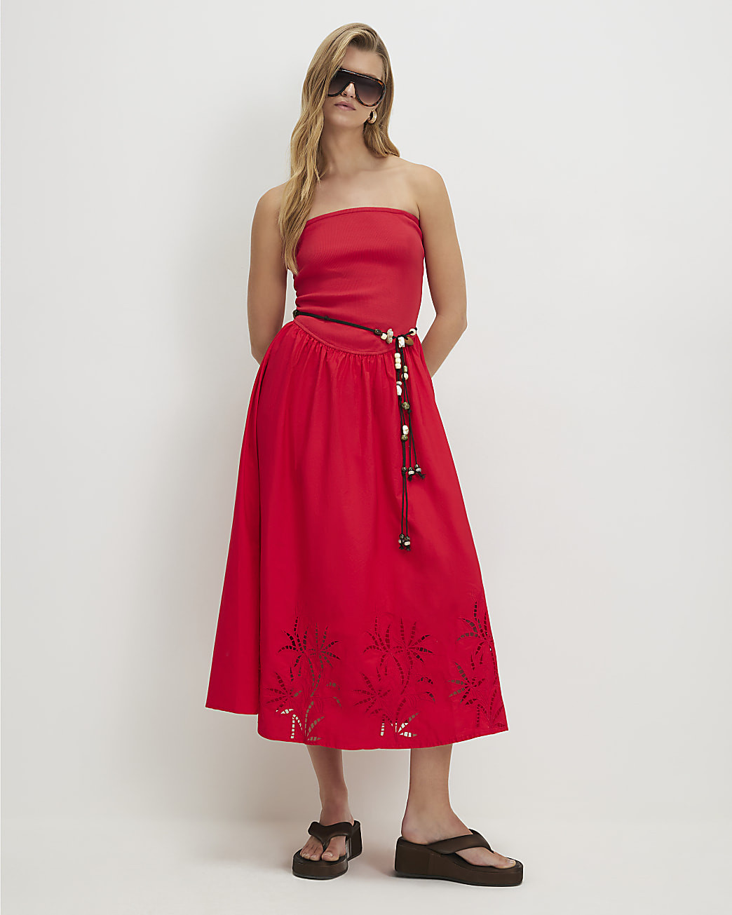 Red Cotton Blend Bandeau Cutwork Hybrid Dress | River Island UK & IE