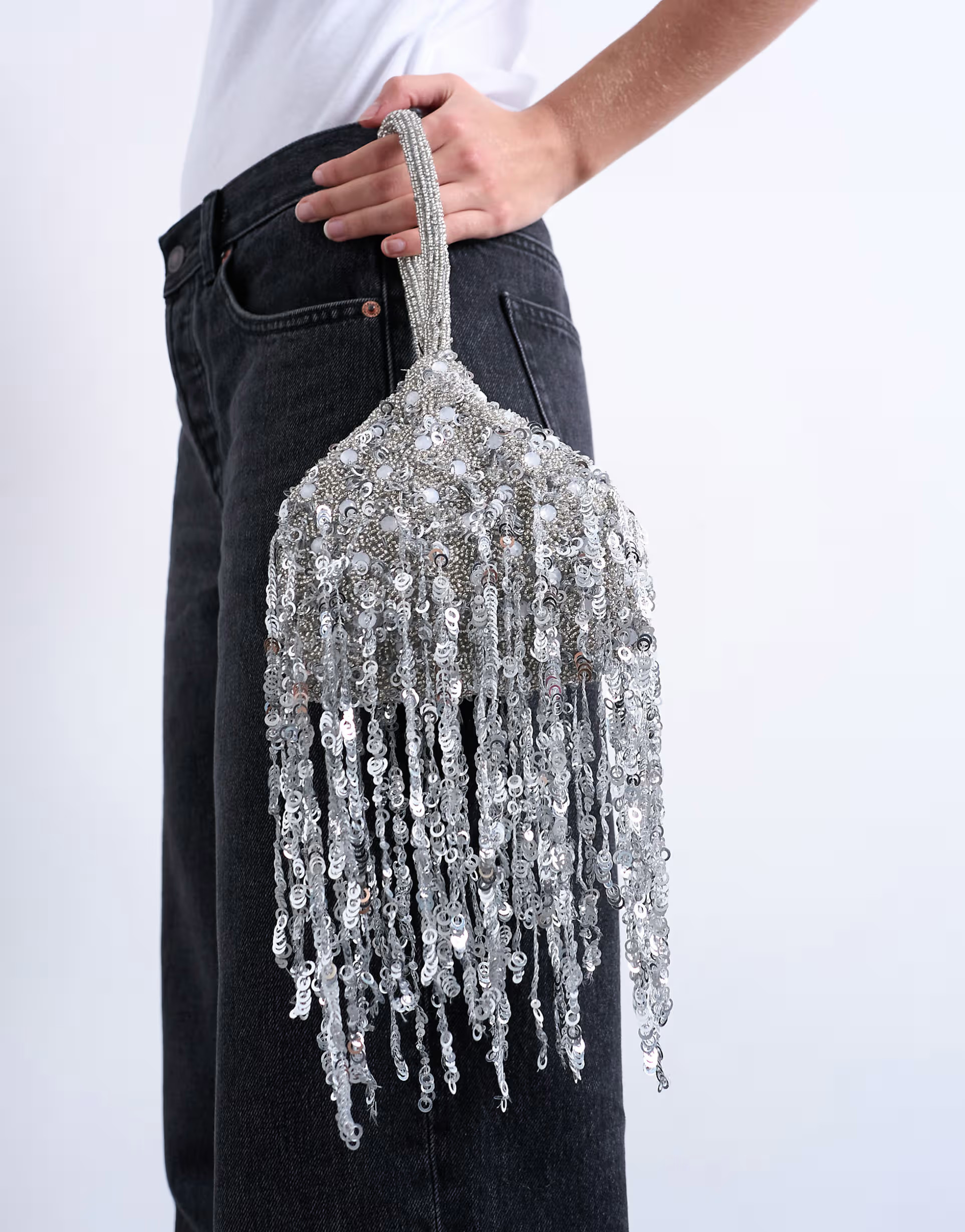 Topshop Giana sequin tassel grab bag in silver | ASOS (Global)