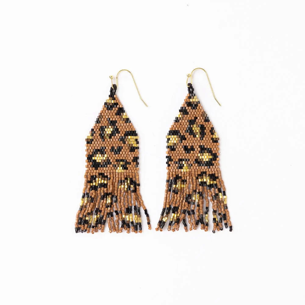 Delilah Cheetah Print Beaded Fringe Earrings Mocha, Black, + Gold | INK+ALLOY