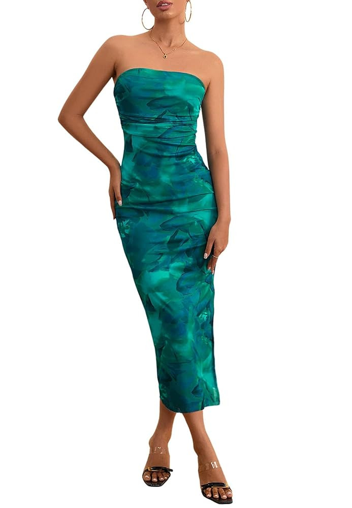 Milumia Women's Printed Strapless Tube Top Long Dress Slit Hem Sleeveless Bodycon Maxi Dresses | Amazon (US)