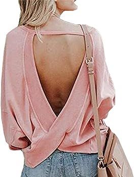 Women's Backless Loose Shirt Long Sleeve Open Back Cross Tee Top Blouse | Amazon (US)