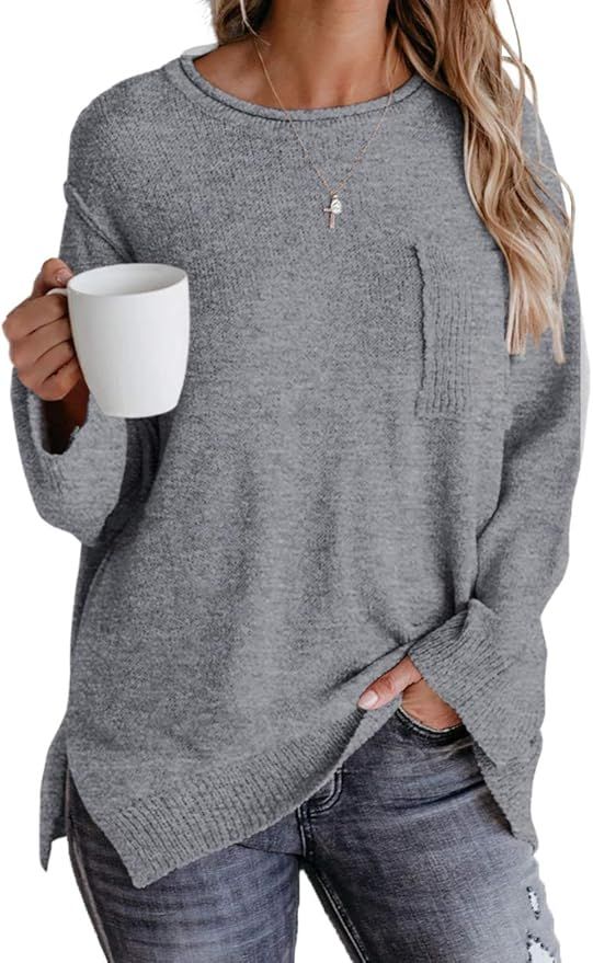 OFEEFAN Sweaters for Women Long Sleeve Side Split Crewneck Pullover Fall Sweater | Amazon (US)