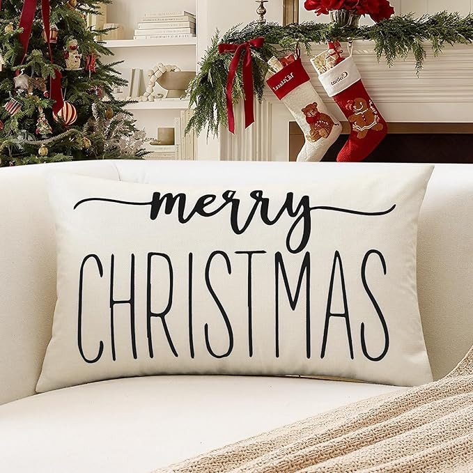 OTOSTAR White Black Christmas Lumbar Pillow Cover 12x20 Inches for Xmas Decorations Merry Christm... | Amazon (US)