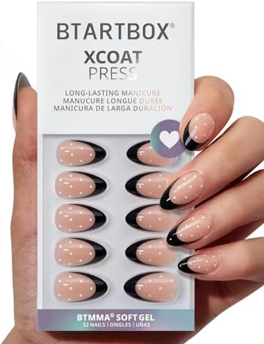 BTArtbox Press On Nails Short - Dot Couture, Lamp-Curable Almond Black French Tip Press On Nails ... | Amazon (US)