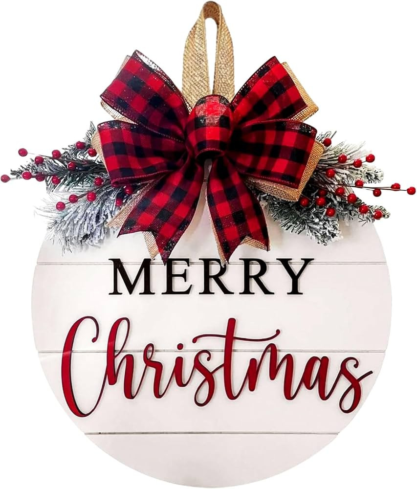 Merry Christmas Wreath Welcome Sign for Front Door, 11.8 inch Wooden Merry Christmas Sign for Hol... | Amazon (US)