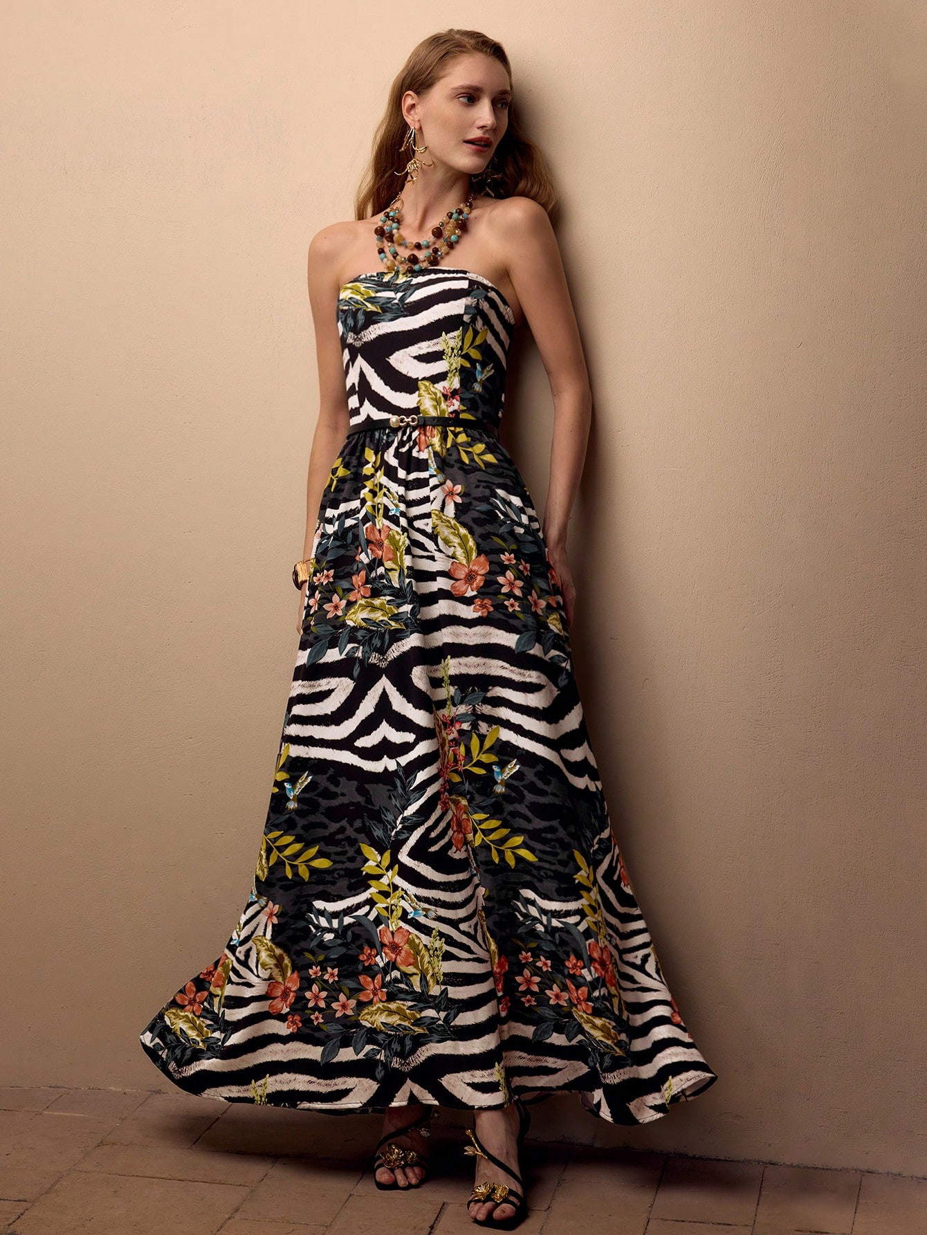 MOTF PREMIUM ZEBRA STRIPED AND LEOPARD MIXED PLANTS PRINT FLARE HEM TUBE LONG DRESS WITH BELT | SHEIN