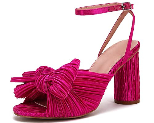 VETASTE Women's Bow Knot Heeled Sandals Bridal Wedding Open Toe Ankle Strap Chunky Heels | Amazon (US)
