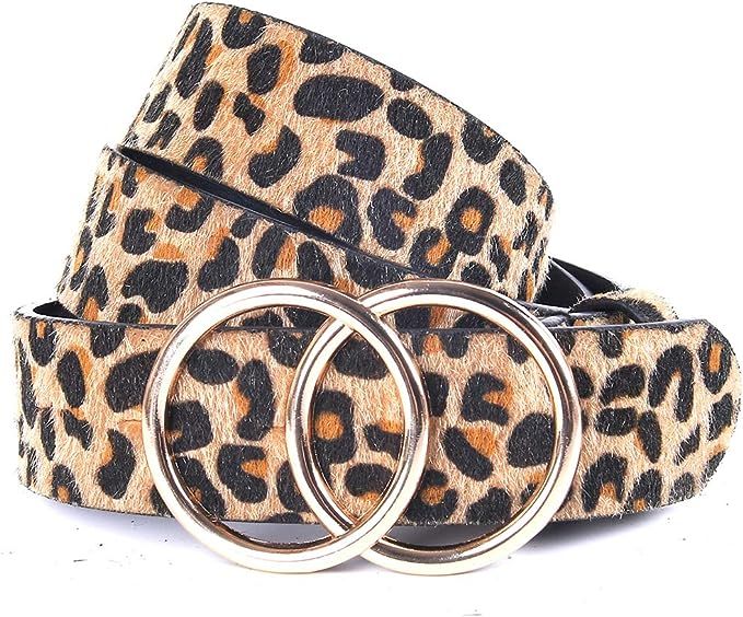 Women Leopard Belt, Double O Ring Leopard Hair Print Belt for Dress | Amazon (US)