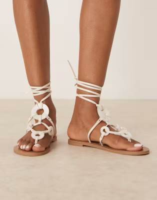ASOS DESIGN Fiona trim tie leg flat sandals in white | ASOS | ASOS (Global)