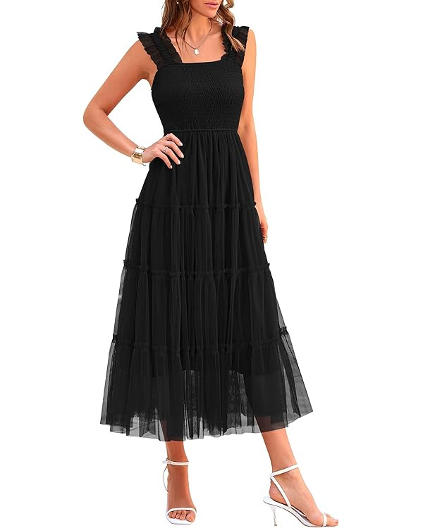 PRETTYGARDEN Women's Summer Midi Tulle Dress Sleeveless Smocked Square Neck Ruffle Flowy Party We... | Amazon (US)