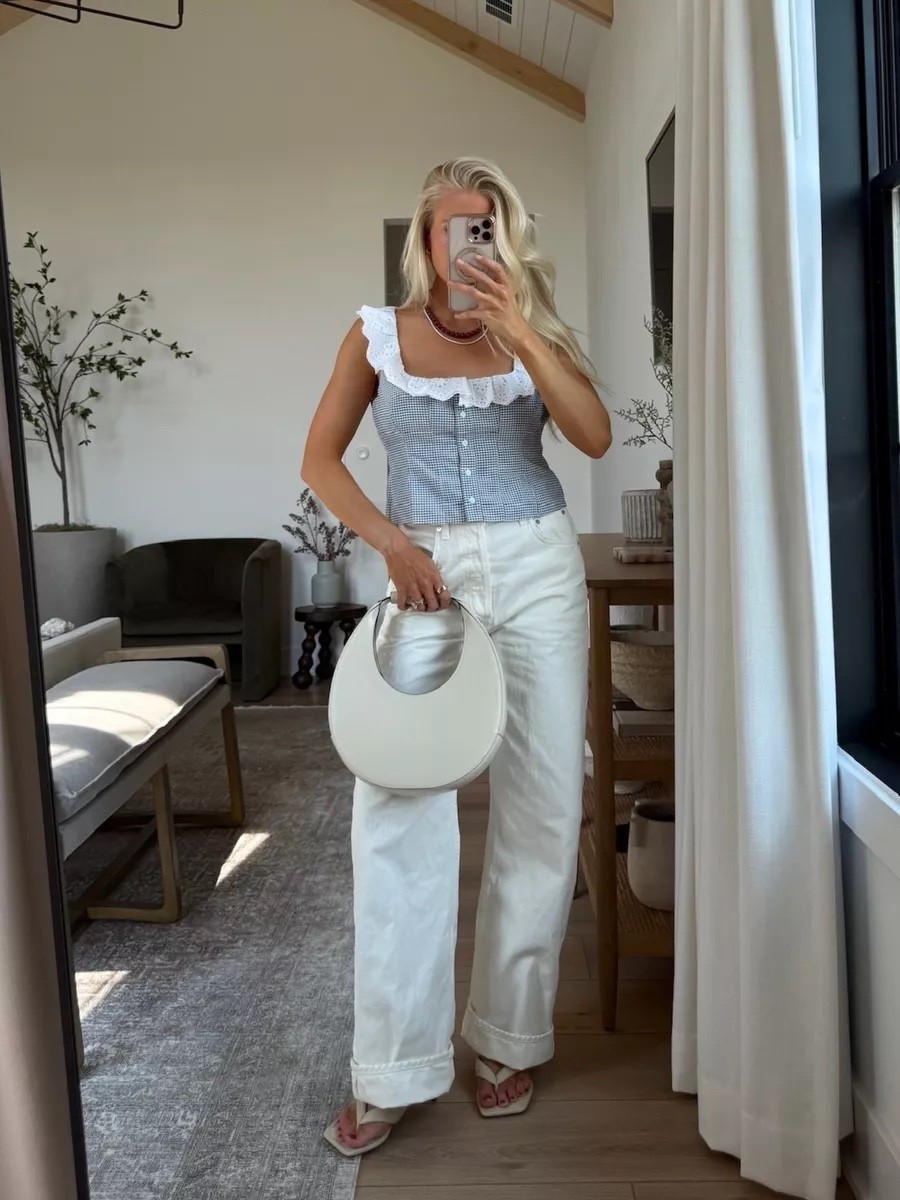 SIZE: 27 in jeans (sized up 1), code KATHLEEN20 for discount on earrings, linking similar tops & bags! #kathleenpost

Summer outfit Inspo, summer outfit 2026, summer chic look, backyard bbq outfit, lunch chic look