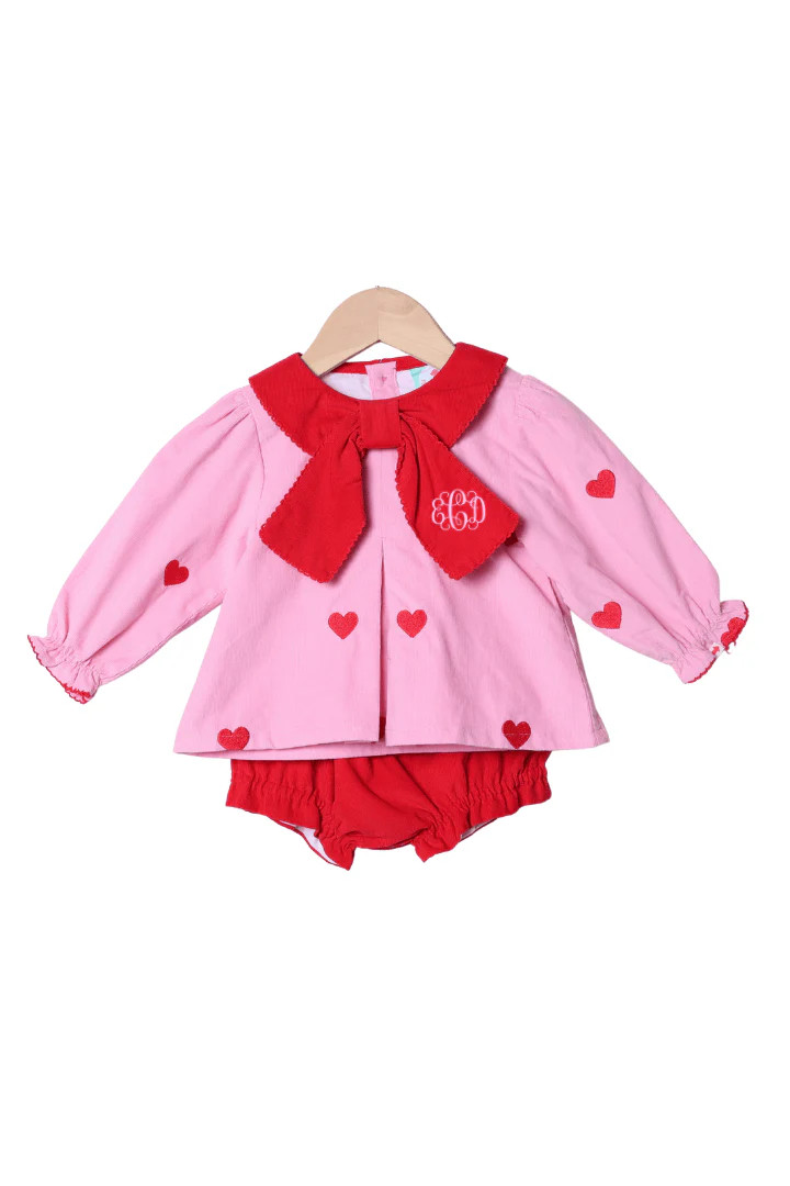 Embroidered Hearts Pink and Red Corduroy Bloomer Set | The Smocked Flamingo