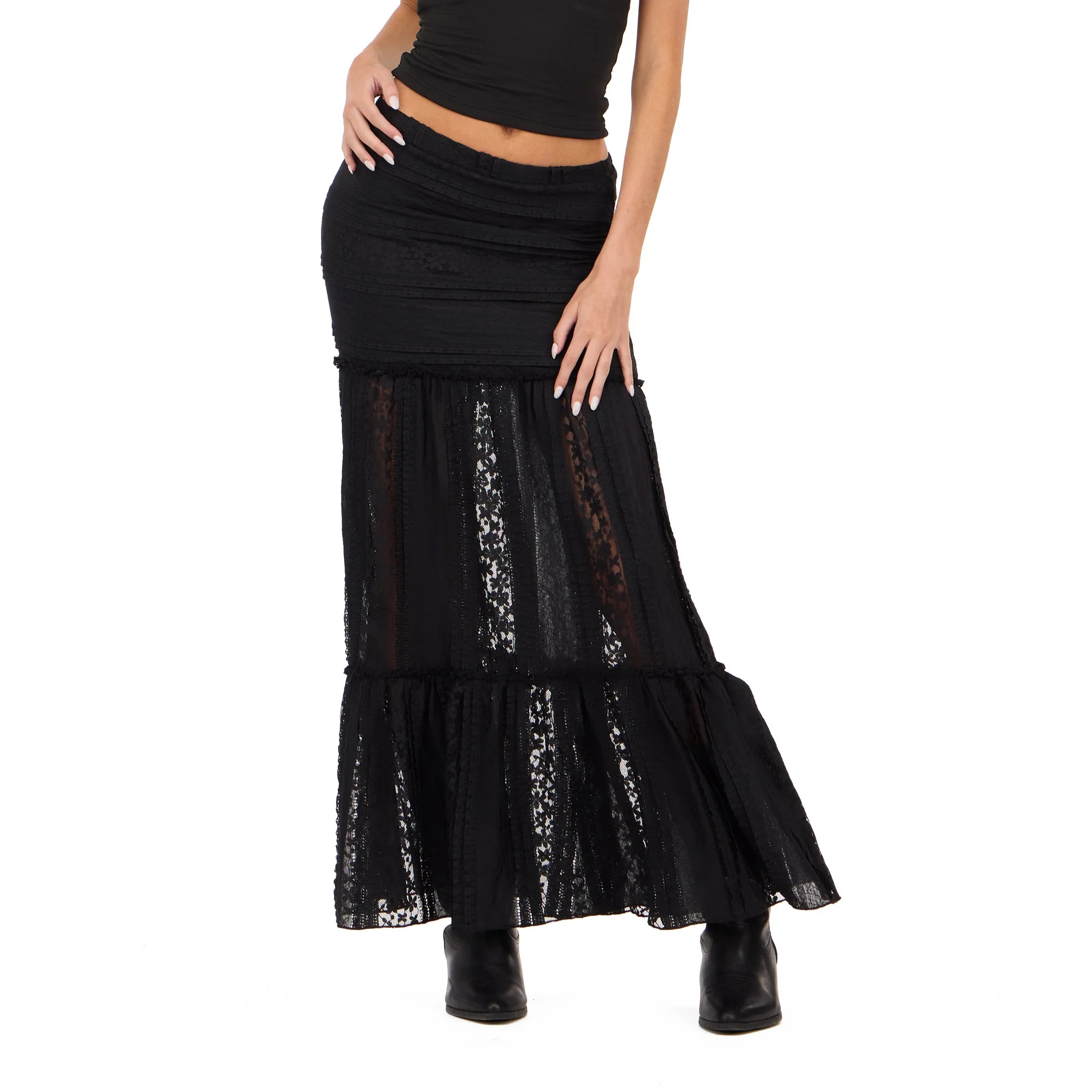 Forever 21 Women’s Lace Maxi Skirt with Tiered Hem Mid Rise Fit Elegant Casual Style, XS-XL | Walmart (US)