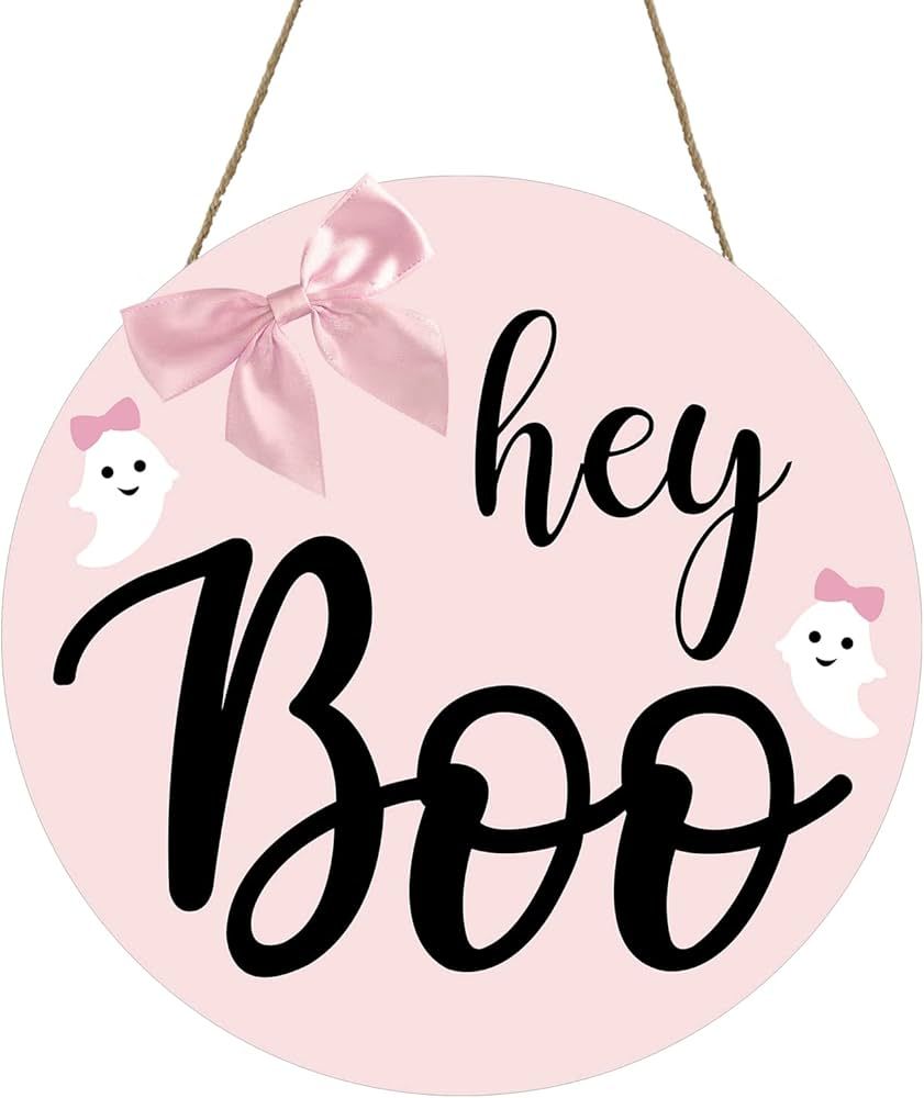 Gankbite Halloween Hey Boo Wood Sign Pink Ghost Door Hanger Fall Farmhouse Outdoor Front Porch De... | Amazon (US)