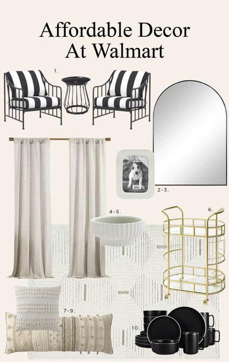 Affordable modern decor from Walmart. I love that brass bar cart and fluted white bowl. And those black and white striped chairs are giving French Riviera vibes. 

#LTKunder50 #LTKhome #LTKunder100