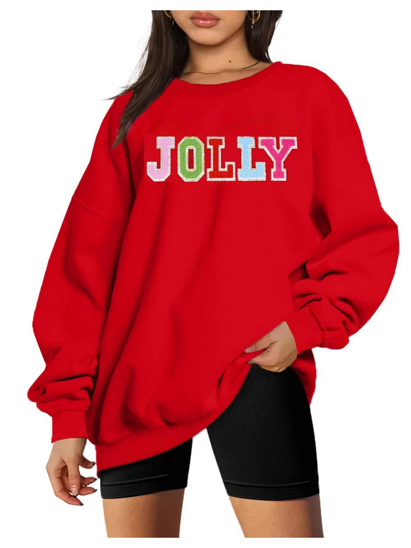 DEXIO Merry Christmas Sweatshirts for Women Glitter Patch Merry Letter Shirts Oversized Pullover ... | Walmart (US)