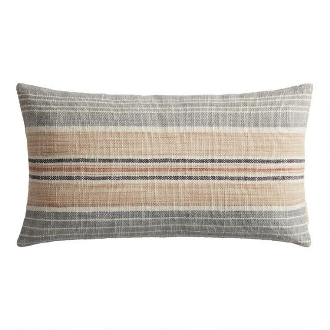 Taupe and Green Stripe Indoor Outdoor Lumbar Pillow | World Market
