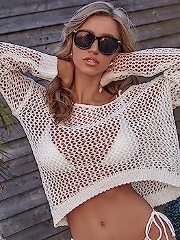 MakeMeChic Women's Bathing Suit Cover Ups Long Sleeve Crochet Swim Beach Cover Up Top | Amazon (US)