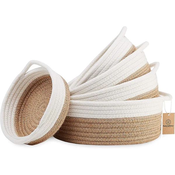 5-Piece Round Small Woven Baskets Set - 100% Natural Cotton Rope Baskets! Key Tray, Kids Montesso... | Wayfair North America