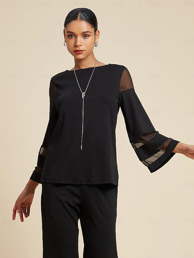 Chiffon Modal Illusion Sleeve Crew Neck Shirt#14362043 | Ador US