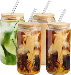 Benestanti Glass Cups with Bamboo Lids and Straws 4 Pcs - 16 oz Drinking Glasses Tumbler With Str... | Amazon (US)