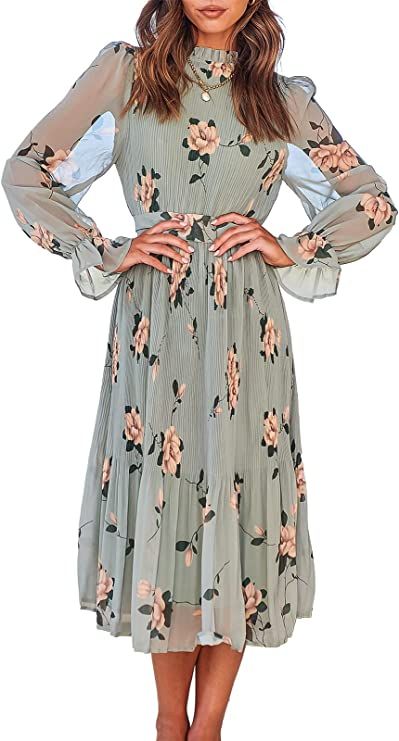 ANRABESS Women's Floral Midi Dress Puff Long Sleeve Ruffle Trim Smocked A-line Pleated Swing Chif... | Amazon (US)