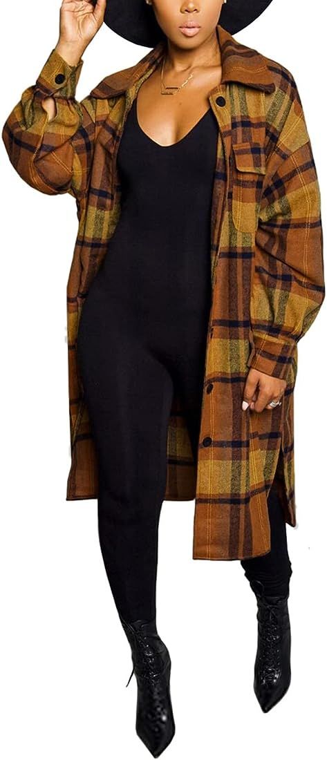 Omoone Women's Lounge Lapel Button Up Long Sleeve Plaid Long Shirt Jacket Shacket | Amazon (US)