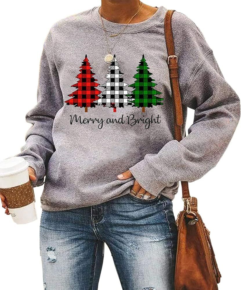 Merry and Bright Shirt Women Funny Leopard Printed Plaid Christmas Trees Long Sleeve Sweatshirts ... | Amazon (US)