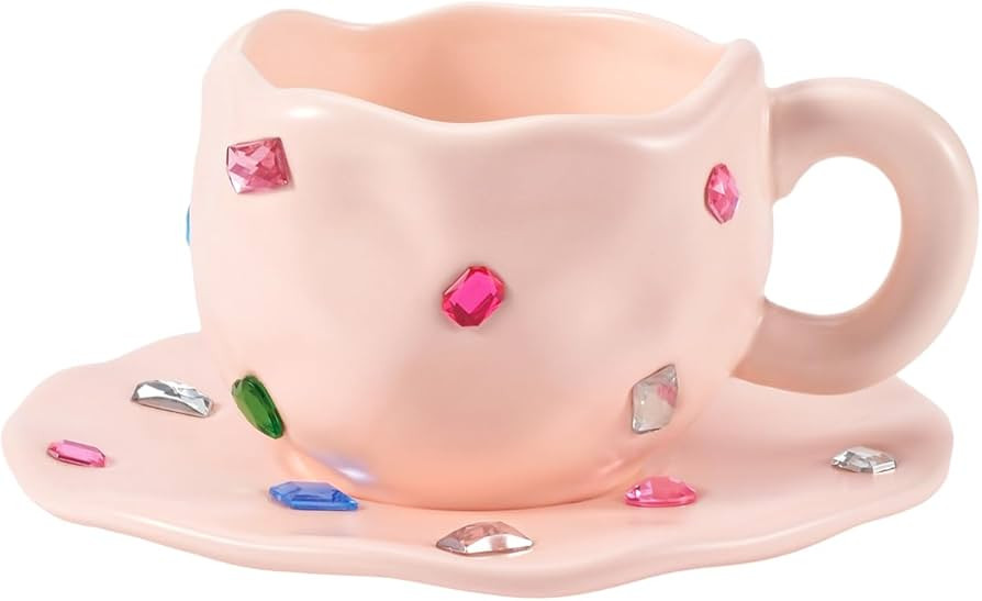 Koythin Ceramic Coffee Mug with Saucer Set, Novelty Cute Cup with Gemstone, Latte Art Creative Cu... | Amazon (US)