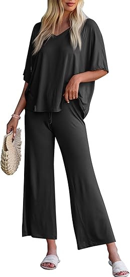 Tankaneo Womens 2 Piece Outfits Lounge Sets Oversized Short Sleeve V Neck Tshirts Wide Leg Croppe... | Amazon (US)