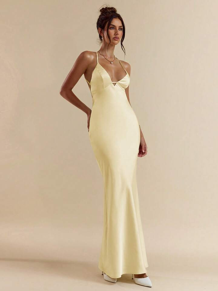 SHEIN BAE Apricot & White Deep V-Neck Spaghetti Strap Backless Dress, Elegant Dress For Vacation, Bridesmaid, Birthday Party, Graduation, Wedding - White Dress,Butter Yellow | SHEIN