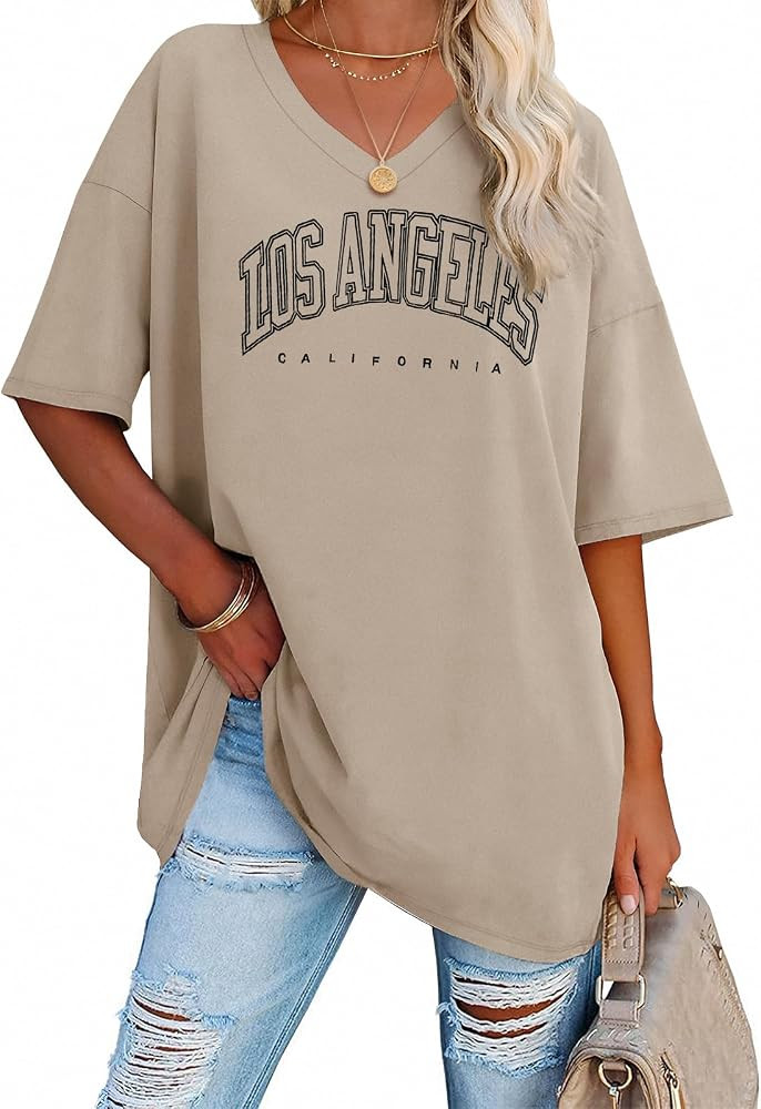 ATHMILE Womens Oversized Shirts V Neck Plus Size Spring Workout Summer Tops Beach Vacation 2026 G... | Amazon (US)