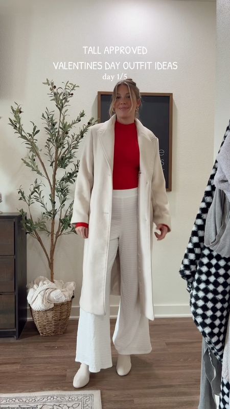 Valentine’s Day outfit idea for tall women I’m wearing a medium tall in the wool coat. A large in the white pants & medium in the bodysuit #valentinesday #wintetfashion

Use code: DENIMAF for 15% off