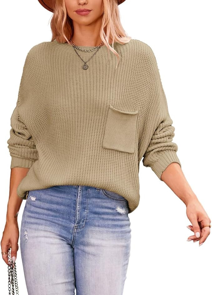 chouyatou Womens Fall Batwing Sleeve Pullover Sweater Loose Casual Knitted Sweater with Chest Poc... | Amazon (US)