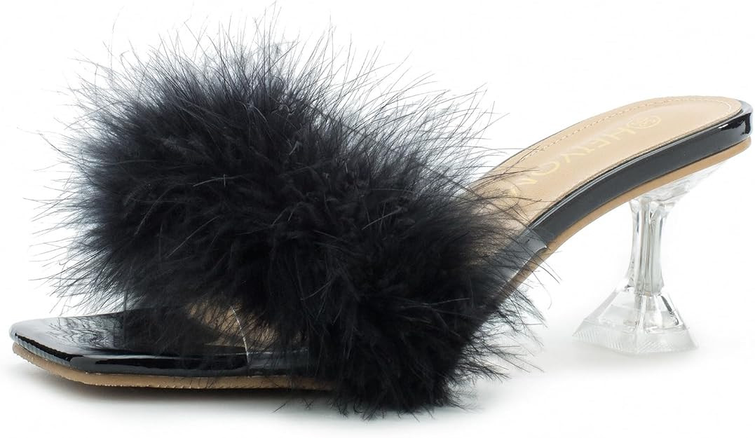 Heiyom Women's Square Toe High Stilettos Heels Mules Sandals Fluffy Feather Slip on Clear High He... | Amazon (US)