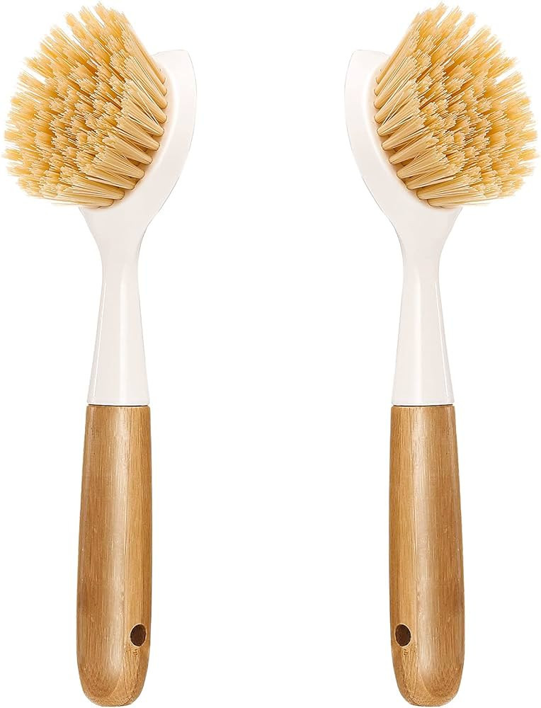 2 Pack Kitchen Dish Brush Bamboo Handle Dish Scrubber Built-in Scraper, Scrub Brush for Pans, Pot... | Amazon (US)