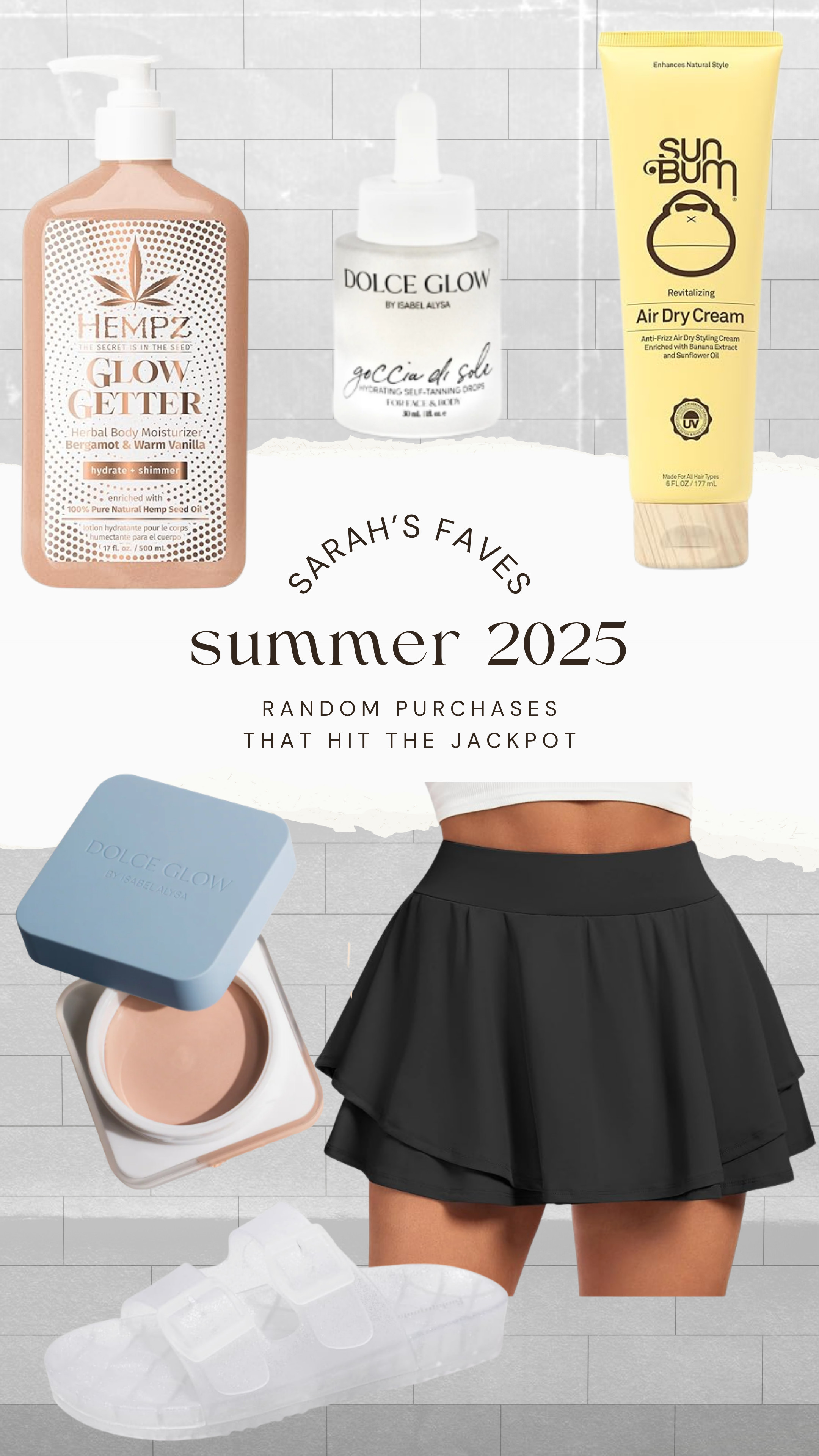 A couple of my Summer 2025 faves :) Jelly sandals, products to help keep me glowing and fun activewear. I'm OBSESSED with the skort! It has pockets under the skirt part AND it's high-waisted- that's a win in my book! 

 #LTKActive #LTKBeauty #LTKShoeCrush
