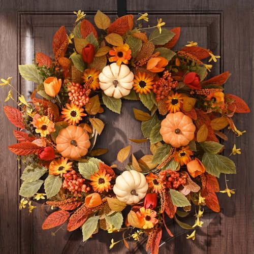 Waipfaru Fall Wreaths for Front Door Outside, 22 Inch Fall Decorations for Home, Large Autumn Wreath with Pumpkin for Indoor Outdoor Porch Thanksgiving Farmhouse Harvest Decor | Amazon (US)